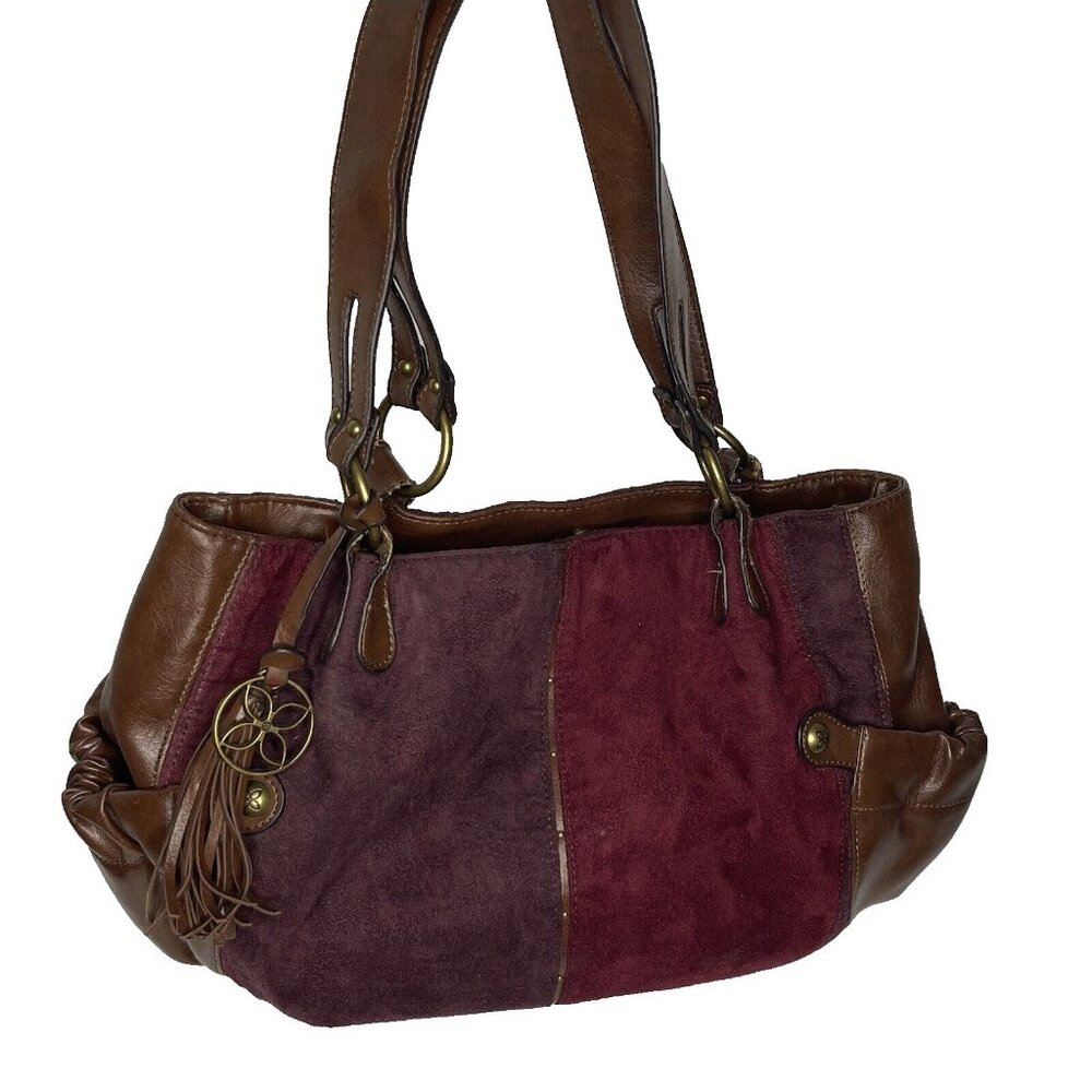 Relic Purple Burgundy Suede Brown Faux Leather Large Handbag Tote Double Handles